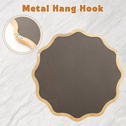 Vercraft 24 Inch Scalloped Wooden Bathroom Round Circle Mirror for Wall, Boho Wavy with Tempered Glass, Natural Frame Hanging for Bedroom, Living Room, Entryway, Farmhouse (Natural Wood Color)