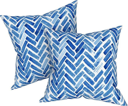 Patio Throw Pillows with Inners, Fade Resistant Square Pillow Pack of 2, Decorative Garden Cushions for Home, 18x18 Inch,Blue Bricks