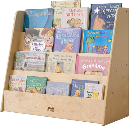 Wooden Kids Bookshelf, Montessori 4-Tier Toddler Bookcase, Birch Baby Single-Sided Book Shelf for Kids Rooms, Nursery, Bedrooms, Study Rooms