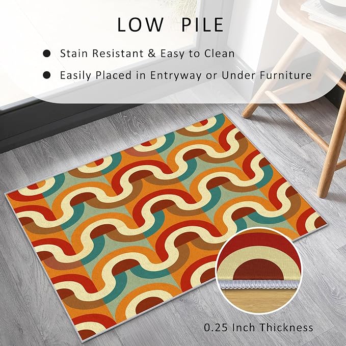 70s Retro Rug 7x9 Checkboard Striped Groovy Pop Pattern Area Rugs for Living Room, Bedroom, 70s Retro Home Decor Accessories Indoor Carpet, Non Slip & Machine Washable, GD0360