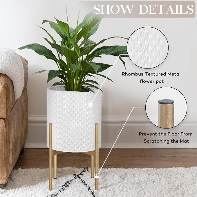 Oakrain Mid Century Planters for Indoor Plants, Set of 2, Modern Decorative Metal Planters for Living Room, Office, Garden or Balcony, White Planters with Stands, 10" & 12", Off-White