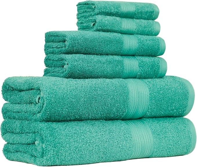 Amazon Basics 6 Piece Oversized Fade resistant Towel set, 100% Cotton towels for bathroom, soft and absorbent, 2 Bath Towels, 2 Hand Towels and 2 Washcloths bathroom towel set, Teal