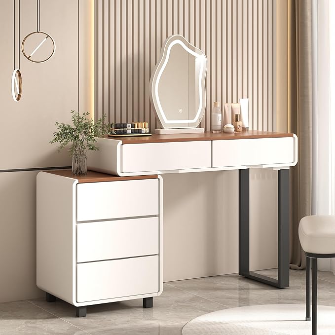 Vanity Desk with Mirror and LED Lights| Small Makeup Table with 5 Drawers and Adjustable Storage Cabinet| Modern Space-Saving Dressing Table for Bedroom(Walnut Top with White Base)