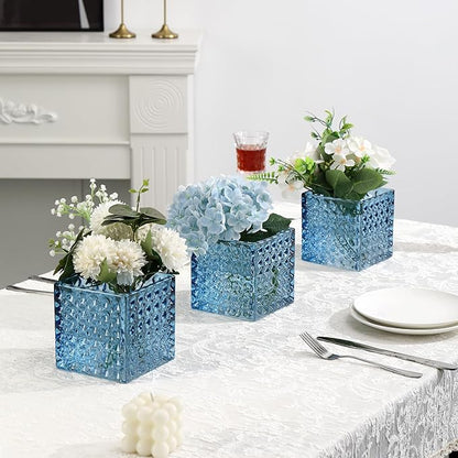 Square Vases Set of 6, 4" x 4" x 4" Square Glass Vases for Flowers, Blue Flower Vase for Centerpieces, Small Bubble Vase for Wedding, Party, Home, Office, Parties, Events