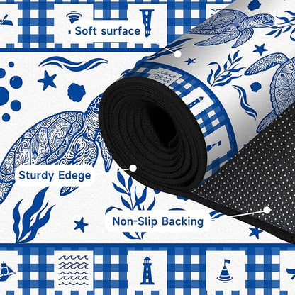 Sea Turtle Rug Coastal Ocean Print Floor Mat Blue and White Plaid Area Rug for Entryway Bedroom Living Room Nursery Kitchen Playroom Home Decor Non-Slip Washable Carpet,3'x5'