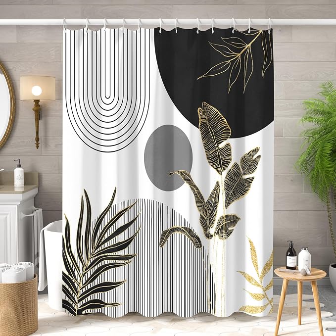 Mid Century Boho Shower Curtain, Abstract Modern Sun Minimalist Aesthetic Shower Curtain, Bohemian Geometric Arch Curve Leaves Neutral Art Fabric Bathroom Curtains Black 72x72 inch
