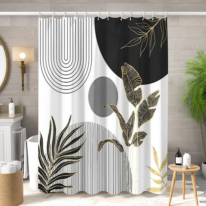 Mid Century Boho Shower Curtain, Abstract Modern Sun Minimalist Aesthetic Shower Curtain, Bohemian Geometric Arch Curve Leaves Neutral Art Fabric Bathroom Curtains Black 72x72 inch