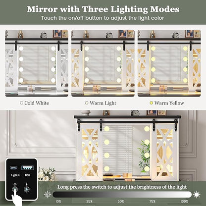 Farmhouse Makeup Vanity with Mirror & Lights, Large Vanity Desk with 5 Drawers & 9 Storage Shelves, Dressing Table with Jewelry Armoire, Vanity Gifts for Wife Girlfriends Women Lady Girl, White