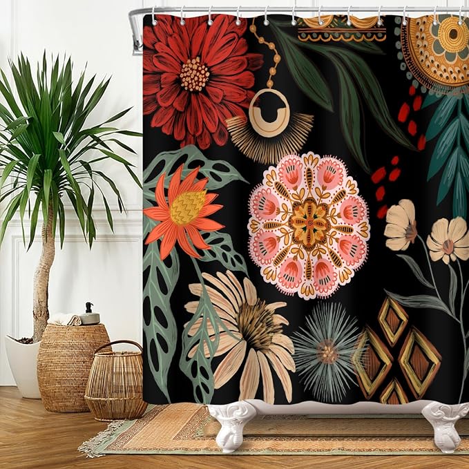 Black Boho Floral Shower Curtain Abstract Botanical Mid Century Modern Bathroom Decor Tropical Flower Shower Curtain with 12 Hooks,72x72 inches