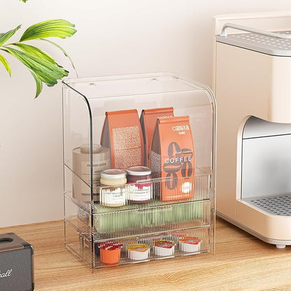GearFusion 3 Tier Clear Cosmetic Organizer, Makeup Display Case with Lid & Drawers, Countertop Dresser Vanity Storage Box, Beauty Holder for Skincare Lipstick Brush