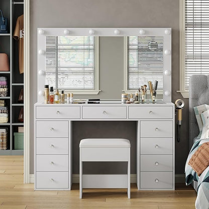 Vanity Desk with Power Outlet, Makeup Vanity with Mirror and 12 LED Lights, 3 Lighting Modes,11 Drawers Vanity Table with Chair, Glass Top, Dressing Table for Bedroom,Dressing Room, White