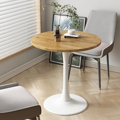 Round Dining Table 27.5" Circle Tulip Table with Wood Thickened Tabletop & Sturdy Metal Pedestal Mid Century Modern Leisure Bistro Kitchen Tables 4 People Small Places Living Room Cafe,Oak