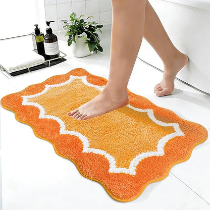 Scalloped Orange Bathroom Rugs Mat,Non Slip Absorbent Quick Dry Bath Mats for Shower Room,Plush Microfiber Bath Rug for Bathroom Floor Washable Carpet for Shower Tub Sink Bedroom,16"x24"