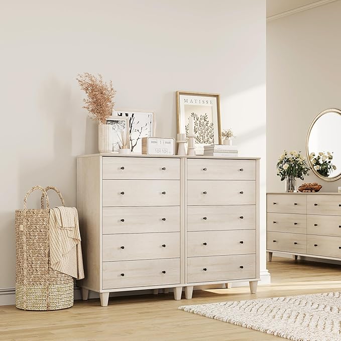 10 Drawer Dresser for Bedroom, 2 in 1 Tall Modern Chest of Drawers, Beveled Profile Design, Wood Drawer Organizer for Bedroom, Living Room, Hallway and Entryway,Oak