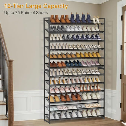 NEYCIL Large Shoe Rack 12 Tier Shoe Organizer, Heavy Duty Metal 6-Tier Stackable Shoe Storage Vertical Shoe Rack for Closet Front Door Entrance, Up to 75 Pairs, 44.8" W x 11.4" D x 85.1" H, Black