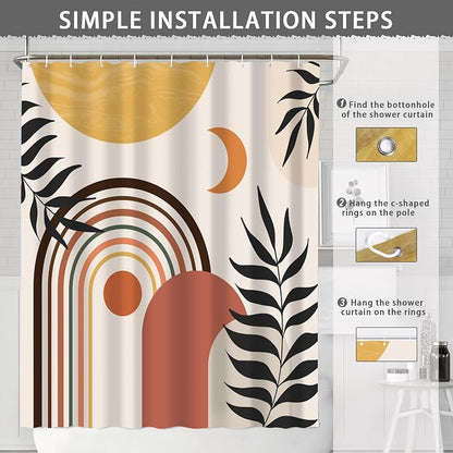 Mid Century Abstract Boho Aesthetic Shower Curtain Set, Green Nature Leaf Sun Modern Minimalist Home Bathroom Curtain Decor with 12 Hooks 72 Inch Wide * 72 Inch High