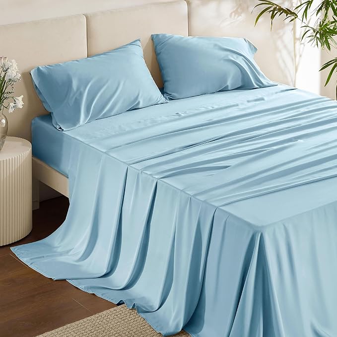 Bedsure Queen Sheet Set, Rayon Derived from Bamboo, Cooling Sheets, Breathable & Soft, Deep Pocket Up to 16 Inches, Hotel Luxury Silky Bedding for Hot Sleepers, Aqua