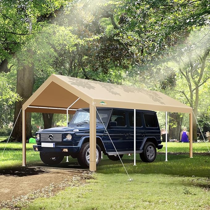 COBIZI Carport 10x20ft Heavy Duty Portable Garage, 2.0 Powder Coated Frame(Better Than Galvanized), Waterproof Shelter with Built-in Sandbags, for Car/Boat/SUV, Khaki