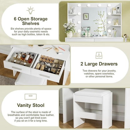 YESHOMY Vanity Desk with Mirror, Makeup Table with 2 Large Drawers, Power Outlet and Round Holder, 3 Color Modes Adjustable Bulb, Bench Included, White