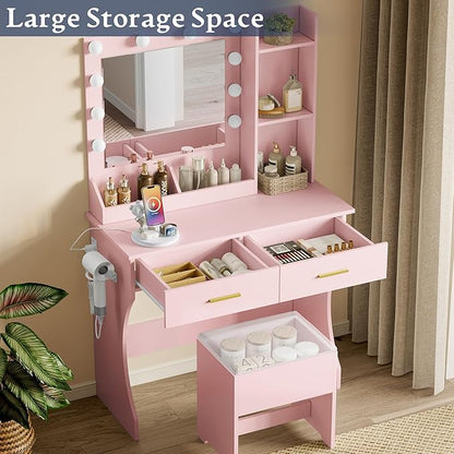 Makeup Vanity Desk with Mirror and Lights, Small Makeup Vanity Table Set with Drawers, Power Outlet & Storage Stool, White Vanity with 3 Lighting Modes LED for Women Girls Bedroom