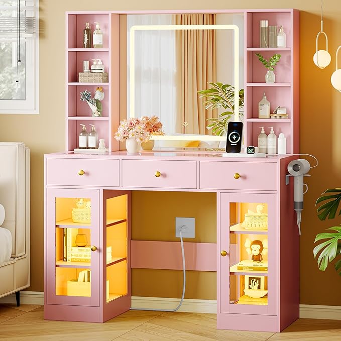 Makeup Vanity Desk with HD Lighted Mirror & Power Outlet, Glass Top Vanity Table Set with Storage Drawers & RGB Cabinets, Large Dressing Table with 3 Lighting Modes for Bedroom Women Girls Kids, Pink