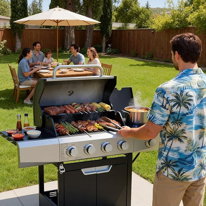EUHOME Upgraded 51,000 BTU Stainless Steel Burner Barbecue Grill, 4 Burner BBQ Propane Gas Grill with Side Burner, 452 sq.in Cooking Area with Porcelain for Patio, Camping, Outdoor Cooking