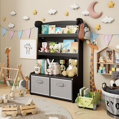Kids Bookshelf and Toy Storage Organizer, 3 Tier Bamboo Todders Book Shelf Large Book Rack for Child Room Playroom Nursery for Kids, Children, Toddlers (Black)