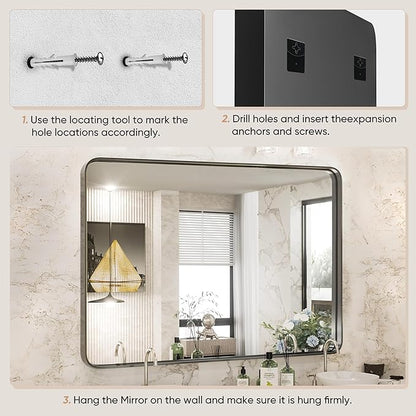 NEWBULIG 30X40 Inch Bathroom Wall Mirror, Vanity Bathroom Mirrors for Over Sink Tempered Glass, Anti-Rust Metal Framed Rounded Rectangle, Hangs Horizontally or Vertically, Farmhouse Home Decor, Black
