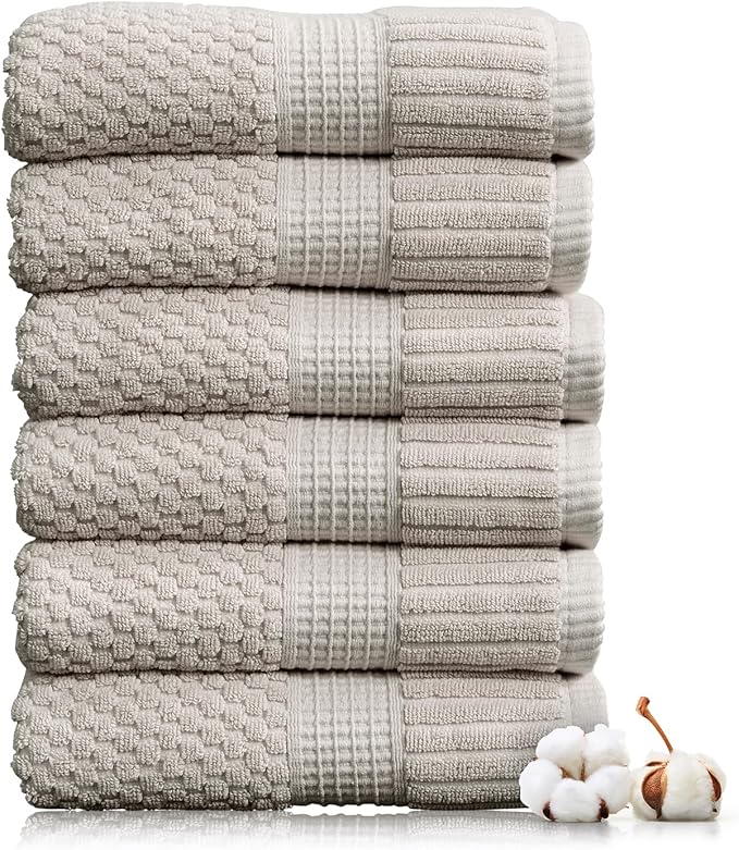NY Loft 100% Cotton Hand Towel 6 Pack | Super Soft & Absorbent Quick-Dry Hand Towels 16" x 28" |Textured and Durable Cotton | Trinity Collection (6 Pack Hand Towel, Quiet Grey)