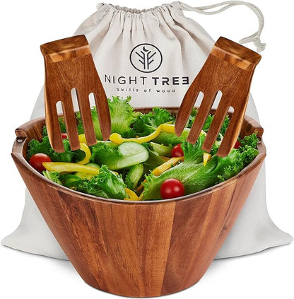 Night Tree Large wooden salad bowl with serving forks mixing, wood salad bowl set for food or fruits, magnetic utensils fit for 6–8 servings, ideal to family meals or as a unique gift