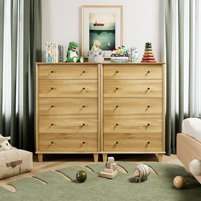 10 Drawer Dresser for Bedroom, 2 in 1 Tall Modern Chest of Drawers, Beveled Profile Design, Wood Drawer Organizer for Bedroom, Living Room, Hallway and Entryway,Oak