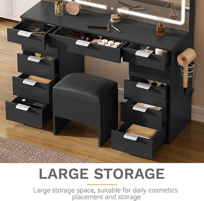 DWVO Makeup Vanity with Large Mirror and Lights, 46" Vanity Desk Dressing Table Set with 11 Drawers & Storage Stool, Dressing Table with Power Outlet and Magnifying Glass, Dressing Room, Black