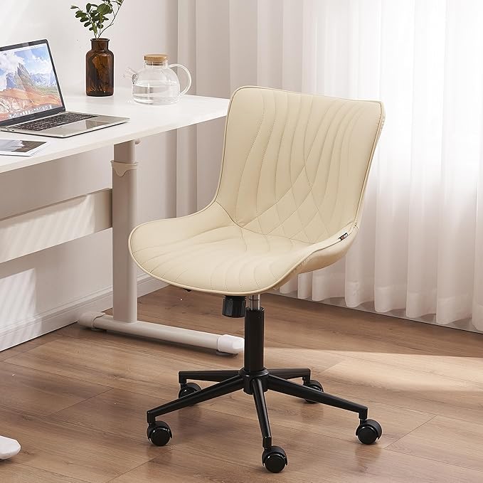 YOUTASTE Office Chair Armless Desk Chair Small Computer Swivel Rolling Chair with Wheels, Modern Upholstered PU Leather Computer Sewing Chair, Adjustable Home Office Desk Chairs, Beige