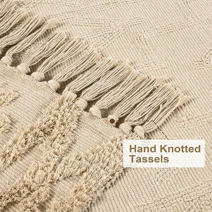Uphome Boho Hallway Runner Rug 2' x 6', Khaki Cotton Washable Bathroom Rug Runner with Tassels, Hand Woven Tribal Kitchen Runners, Morrocan Accent Throw Carpet for Laundry Porch Bedroom Living Room