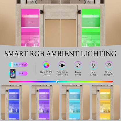 Vanity Desk with Mirror and Lights, Small Makeup Vanity Table with RGB Storage Cabinet & Power Strips & Shelves, 3 Lighting Modes & Adjustable Brightness, Dressing Table for Women Girls Bedroom, Grey