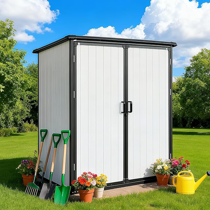 5x3 FT Resin Outdoor Storage Shed with Floor, Resin Cabinet with Lockable Doors, Waterproof Plastic Bike Tool Shed Easy to Install for Patio Furniture, Bikes, White