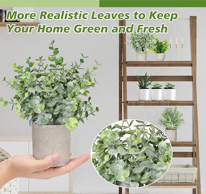 Fake Plants,5Pack Mini Potted Artificial Plant Small Faux Plant Indoor Outdoor for Home Decor,Eucalyptus Greenery Plastic Fake Green Grass Plants for Office Bathroom Shelf Farmhouse Coffee Table Decor