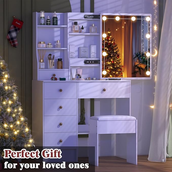 Vanity Desk with Sliding Mirror and Lights, Small Makeup Vanity Table Set with Chair and Drawers, White Vanity with Lighted Mirror for Bedroom, Dressing Table for Teen Girls and Women