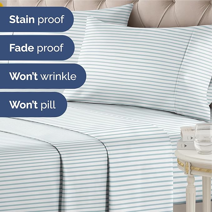 Striped Sheets - Blue & White Striped Sheets - 1 Flat & 1 Fitted & 1 Pillowcase w/ Deep Pockets – Wrinkle & Fade Free - Ultra-Soft, Breathable & Cooling - Luxury Pinstripe Bedding - Twin XL Size Set