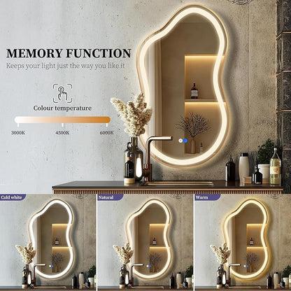 Irregular LED Bathroom Mirror with Lights, Cloud Smart Backlit Mirror, Dimmable Lighted Bathroom Gold Mirror with Anti-Fog, Asymmetrical Vanity Mirror Hangable 2 Ways (Gold, 24 x 36, 1 Pack)