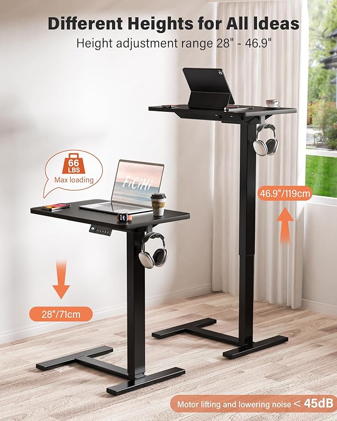 FiCiHi Small Electric Standing Desk - Adjustable Height Bedside Laptop Table with Wheels, Mobile, Rolling Computer Sit Stand Desks, Movable, Home Office, Sofa, Couch Use (24x16,Black)