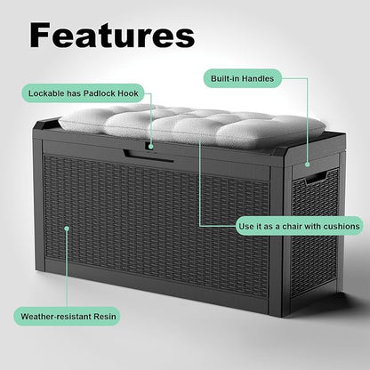 60 Gallon Resin Deck Box, Lockable Outdoor Storage Box for Patio Cushions Storage Furniture,Garden Tools, Pool Supplies, Weatherproof and UV Resistant（Black Rattan）