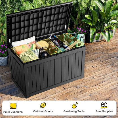 230 Gallon Outdoor Deck Box,Storage Lockable Waterproof Patio Furniture,Garden Tools,Cushions,Pool Accessories Outside Storage Resin Box(Black)