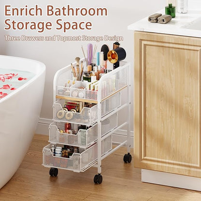 Rolling Makeup Cart Organizer with 3 Drawers, 4-Tier Narrow Floor Skincare Organizers with dividers, Vanity Organizer Cosmetics Display Cases for Makeup Brush, Hair Tool, White