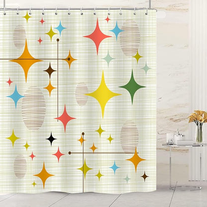 Mid Century Shower Curtain for Bathroom, Retro Stars Abstract Decorative Art Style Restroom Restroom Bath Curtain, Polyester Fabric Waterproof Bath Curtains 72x72 Inch with 12 Hooks