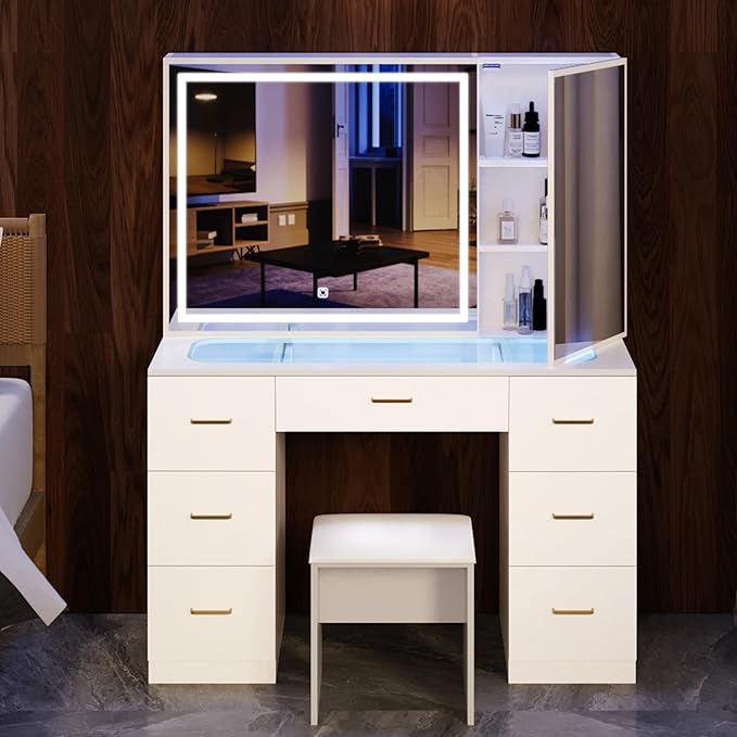 Glass Top Makeup Vanity Desk with Large Mirror and LED Lights,Vanity Stool&Storage Bench,White Vanity with Hidden Storage Mirror Cabinet&7 Drawers,Makeup Organizer Countertop for Room