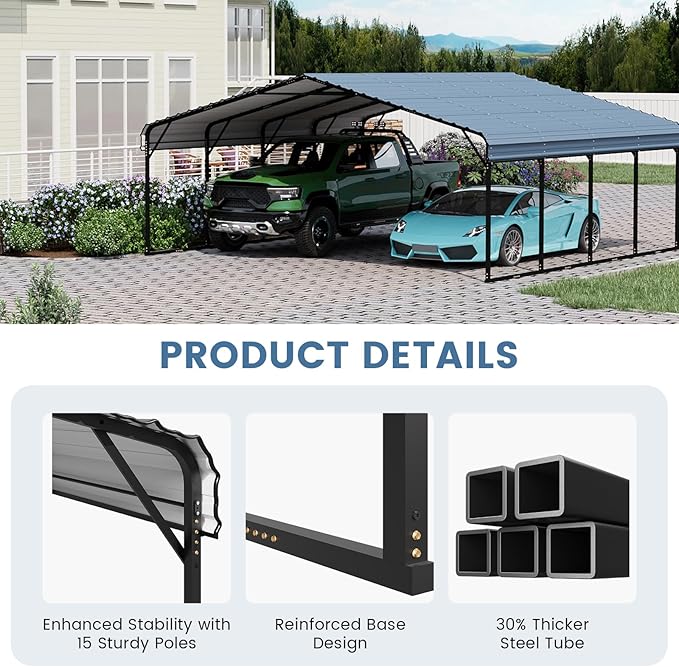 EROMMY 20x20FT Stable Metal Carport, All-Weather Heavy-Duty Carports with Strong Base, Sturdy Car Shed with Galvanized Steel Roof and Frame, Easy Assembly Car Port for 2 Cars, Tractors, Boat, Gray