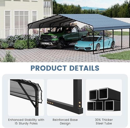 EROMMY 20x20FT Stable Metal Carport, All-Weather Heavy-Duty Carports with Strong Base, Sturdy Car Shed with Galvanized Steel Roof and Frame, Easy Assembly Car Port for 2 Cars, Tractors, Boat, Gray