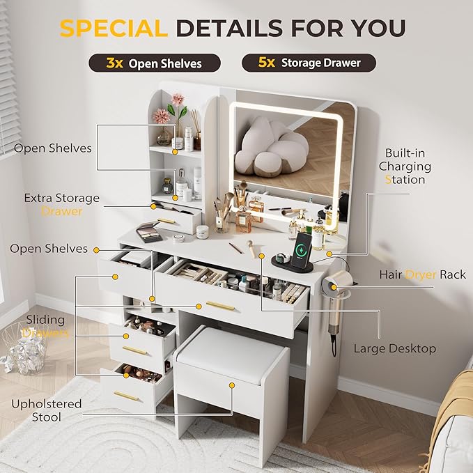 Vanity Desk with Mirror and Lights, 3 Lighting Colors and Power Outlet Makeup Vanity Desk with 5 Large Drawers and 3 Storage Shelves, White Vanity with Storage Stool for Bedroom