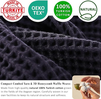 PÜSKÜL Natural 100% Turkish Cotton Waffle Kitchen Towels Set of 3 | Oeko-Tex, Premium Waffle Hand Towels for Bathroom | Soft Absorbent Quick-Dry Lint-Free Dish Towel Large 32x16 inch (3, Black)